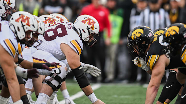 Oct 25, 2025; Iowa City, Iowa, USA; The Minnesota Golden Gophers line up on offense against the Iowa Hawkeyes during the first quarter at Kinnick Stadium. Mandatory Credit: Jeffrey Becker-Imagn Images