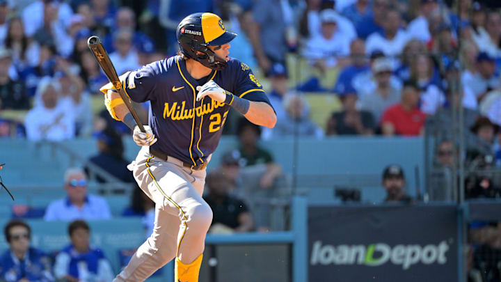 Oct 16, 2025; Los Angeles, California, USA; Milwaukee Brewers left fielder Christian Yelich (22) hits a single against the Los Angeles Dodgers in the first inning
during game three of the NLCS round for the 2025 MLB playoffs at Dodger Stadium. Mandatory Credit: Jayne Kamin-Oncea-Imagn Images Oct 16, 2025; Los Angeles, California, USA; Milwaukee Brewers left fielder Christian Yelich (22) hits a single against the Los Angeles Dodgers in the first inning
during game three of the NLCS round for the 2025 MLB playoffs at Dodger Stadium. Mandatory Credit: Jayne Kamin-Oncea-Imagn Images