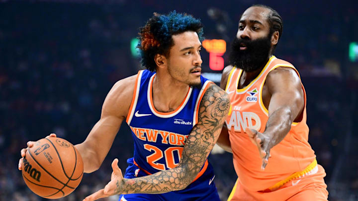 Feb 24, 2026; Cleveland, Ohio, USA; Cleveland Cavaliers guard James Harden (1) defends New York Knicks forward Jeremy Sochan (20) during the first half at Rocket Arena. Mandatory Credit: Ken Blaze-Imagn Images Feb 24, 2026; Cleveland, Ohio, USA; Cleveland Cavaliers guard James Harden (1) defends New York Knicks forward Jeremy Sochan (20) during the first half at Rocket Arena. Mandatory Credit: Ken Blaze-Imagn Images