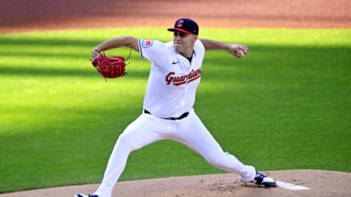 Cleveland Guardians pitcher Matthew Boyd (16) pitches during the first inning during the first inning against the Detroit Tigers during game two of the ALDS for the 2024 MLB Playoffs at Progressive Field on Oct 7. Cleveland Guardians pitcher Matthew Boyd (16) pitches during the first inning during the first inning against the Detroit Tigers during game two of the ALDS for the 2024 MLB Playoffs at Progressive Field on Oct 7.
