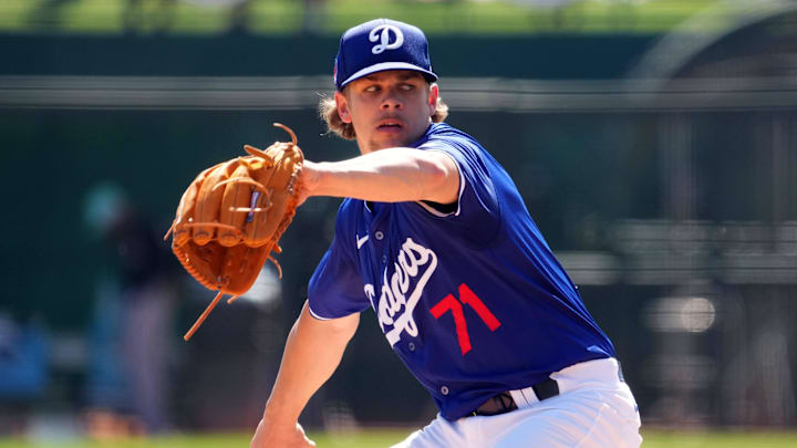 Los Angeles Dodgers starting pitcher Gavin Stone (71) pitches