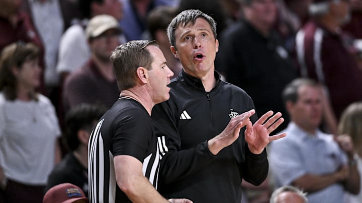 Mar 3, 2026; College Station, Texas, USA; Texas A&M Aggies head coach Bucky McMillan speaks with a referee during the second half against the Kentucky Wildcats at Reed Arena. Mandatory Credit: Maria Lysaker-Imagn Images 