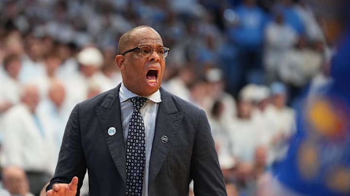 Nov 7, 2025; Chapel Hill, North Carolina, USA;  North Carolina Tar Heels head coach Hubert Davis reacts in the second half at Dean E. Smith Center. Mandatory Credit: Bob Donnan-Imagn Images