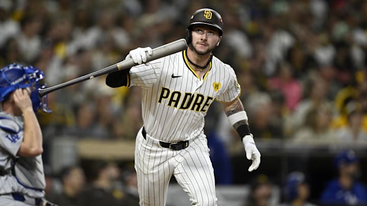 Oct 9, 2024; San Diego, California, USA; San Diego Padres outfielder Jackson Merrill (3) reacts after flying out in the fourth inning against the Los Angeles Dodgers during game four of the NLDS for the 2024 MLB Playoffs at Petco Park.  Mandatory Credit: Denis Poroy-Imagn Images