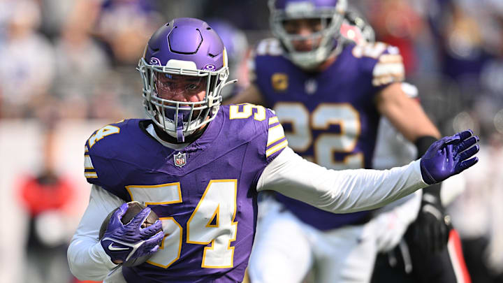 Minnesota Vikings linebacker Kamu Grugier-Hill (54) returns an interception against the Houston Texans during the first quarter at U.S. Bank Stadium in Minneapolis on Sept. 22, 2024. Minnesota Vikings linebacker Kamu Grugier-Hill (54) returns an interception against the Houston Texans during the first quarter at U.S. Bank Stadium in Minneapolis on Sept. 22, 2024.