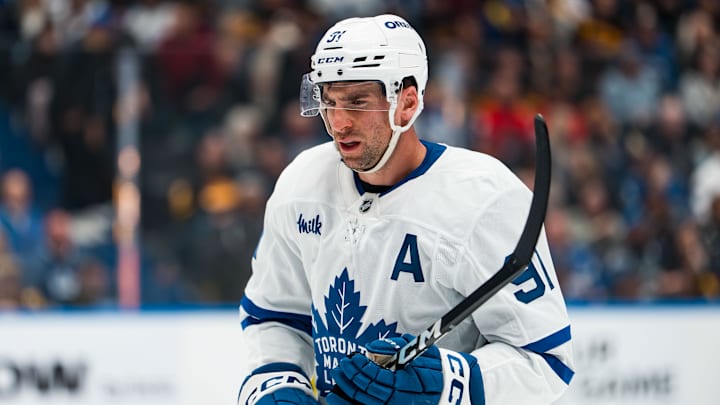 Jan 31, 2026; Vancouver, British Columbia, CAN; Toronto Maple Leafs forward John Tavares (91) during a stop in play against the Vancouver Canucks in the third period at Rogers Arena. Mandatory Credit: Bob Frid-Imagn Images