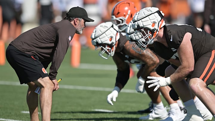 Jul 23, 2025; Berea, OH, USA; Cleveland Browns head coach Kevin Stefanski lines up against the offense during training camp at CrossCountry Mortgage Campus. Mandatory Credit: Ken Blaze-Imagn Images