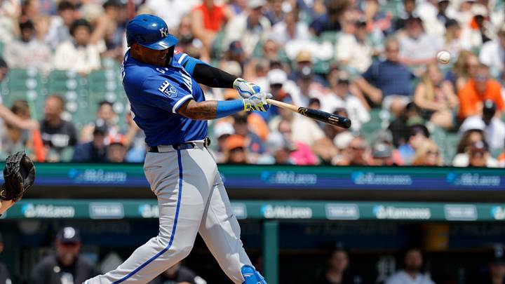 Jul 25, 2026; Detroit, Michigan, USA;  Kansas City Royals catcher Salvador Perez (13) hits a home run in the seventh inning against the Detroit Tigers at Comerica Park. Mandatory Credit: Rick Osentoski-Imagn Images
