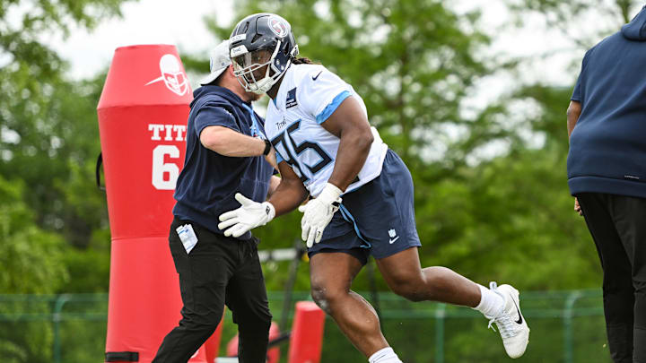 May 10, 2025; Nashville, TN, USA;  Tennessee Titans defensive tackle Philip Blidi (95) goes through drills during Rookie Mini Camp at Saint Thomas Sports Park. Mandatory Credit: Steve Roberts-Imagn Images
