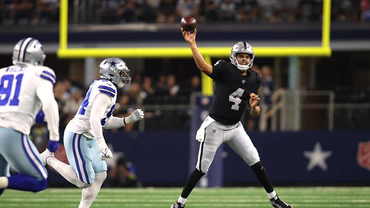 Aug 26, 2023; Arlington, Texas, USA; Las Vegas Raiders quarterback Aidan O'Connell (4) throws a pass in the second quarter against the Dallas Cowboys at AT&T Stadium. Mandatory Credit: Tim Heitman-USA TODAY Sports Aug 26, 2023; Arlington, Texas, USA; Las Vegas Raiders quarterback Aidan O'Connell (4) throws a pass in the second quarter against the Dallas Cowboys at AT&T Stadium. Mandatory Credit: Tim Heitman-USA TODAY Sports