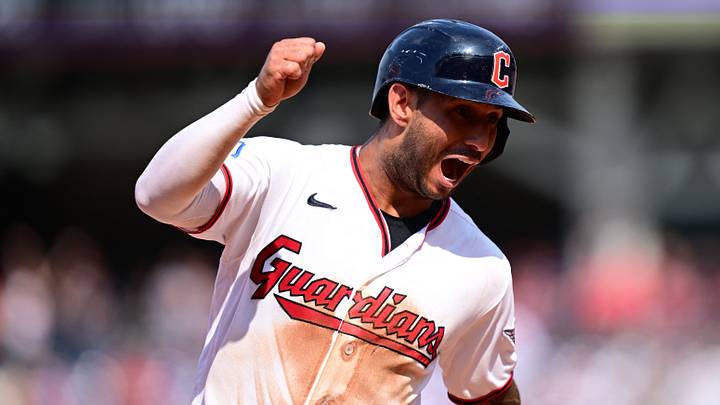 Sep 16, 2026; Cleveland, Ohio, USA;  Cleveland Guardians shortstop Brayan Rocchio (4) runs home to score a run on an RBI double by third baseman Jose Ramirez (11) during the sixth inning against the Chicago White Sox at Progressive Field.  Mandatory Credit: David Dermer-Imagn Images