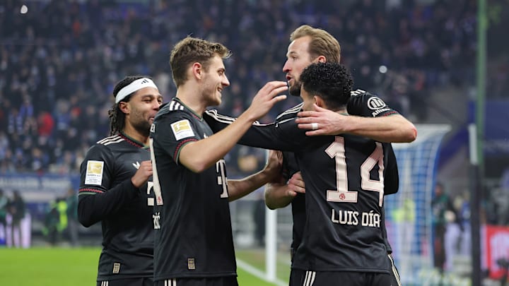 Bayern Munich players celebrating Luis Diaz's goal against Hamburg. Bayern Munich players celebrating Luis Diaz's goal against Hamburg.