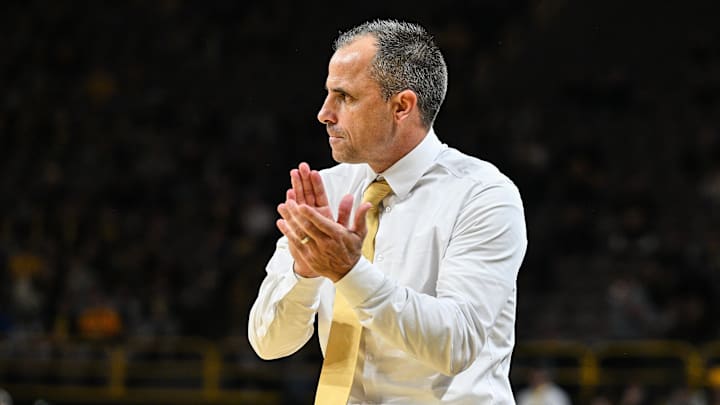 Nov 4, 2025; Iowa City, Iowa, USA; Iowa Hawkeyes head coach Ben McCollum reacts during the second half against the Robert Morris Colonials at Carver-Hawkeye Arena. Mandatory Credit: Jeffrey Becker-Imagn Images
