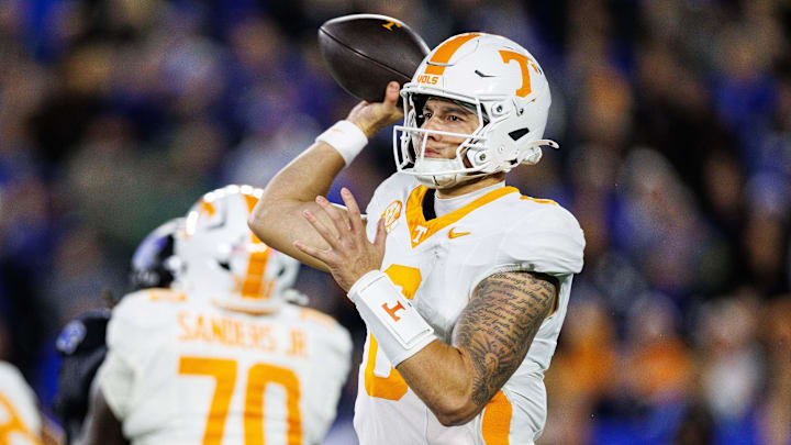 Oct 25, 2025; Lexington, Kentucky, USA; Tennessee Volunteers quarterback Joey Aguilar (6) throws a pass during the first quarter against the Kentucky Wildcats at Kroger Field. Mandatory Credit: Jordan Prather-Imagn Images Oct 25, 2025; Lexington, Kentucky, USA; Tennessee Volunteers quarterback Joey Aguilar (6) throws a pass during the first quarter against the Kentucky Wildcats at Kroger Field. Mandatory Credit: Jordan Prather-Imagn Images