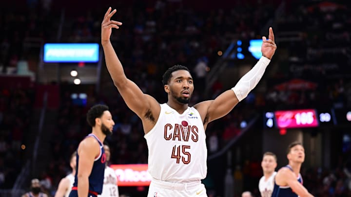 Mar 30, 2025; Cleveland, Ohio, USA; Cleveland Cavaliers guard Donovan Mitchell (45) celebrates during the second half against the Los Angeles Clippers at Rocket Arena. Mandatory Credit: Ken Blaze-Imagn Images
