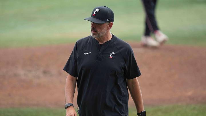 Cincinnati head baseball coach Jordan Bischel during a NCAA regional baseball game between the Cincinnati Bearcats and Wake Forest Demon Deacons at Lindsey Nelson Stadium in Knoxville, Tenn., on June 1, 2025.