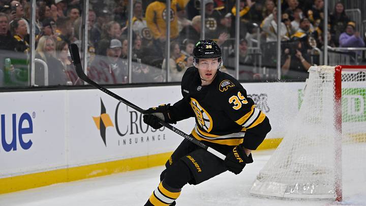Oct 5, 2026; Boston, Massachusetts, USA; Boston Bruins center Morgan Geekie (39) skates against the Ottawa Senators during the first period at TD Garden. Mandatory Credit: Eric Canha-Imagn Images