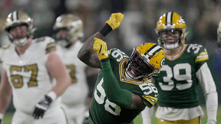 Green Bay Packers linebacker Edgerrin Cooper (56) celebrates a tackle for a three-yard loss during the second quarter of their game Monday, December 23, 2024 at Lambeau Field in Green Bay, Wisconsin. The Green Bay Packers beat the New Orleans Saints 34-0. Green Bay Packers linebacker Edgerrin Cooper (56) celebrates a tackle for a three-yard loss during the second quarter of their game Monday, December 23, 2024 at Lambeau Field in Green Bay, Wisconsin. The Green Bay Packers beat the New Orleans Saints 34-0.