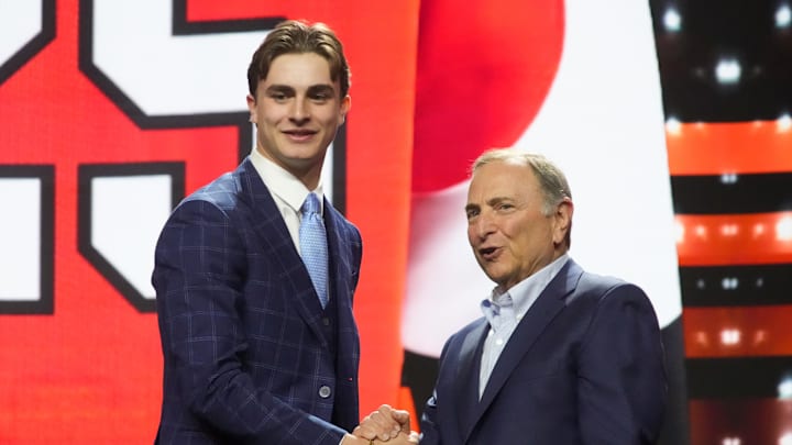 Jun 27, 2025; Los Angeles, California, USA; Porter Martone is selected as the sixth overall pick to the Philadelphia Flyers in the first round of the 2025 NHL Draft at Peacock Theater. Mandatory Credit: Kirby Lee-Imagn Images Jun 27, 2025; Los Angeles, California, USA; Porter Martone is selected as the sixth overall pick to the Philadelphia Flyers in the first round of the 2025 NHL Draft at Peacock Theater. Mandatory Credit: Kirby Lee-Imagn Images