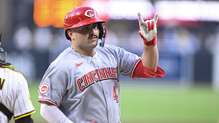 Cincinnati Reds third baseman Sal Stewart (43) gestures after hitting a solo home run during the first inning against the San Diego Padres at Petco Park on Tuesday.