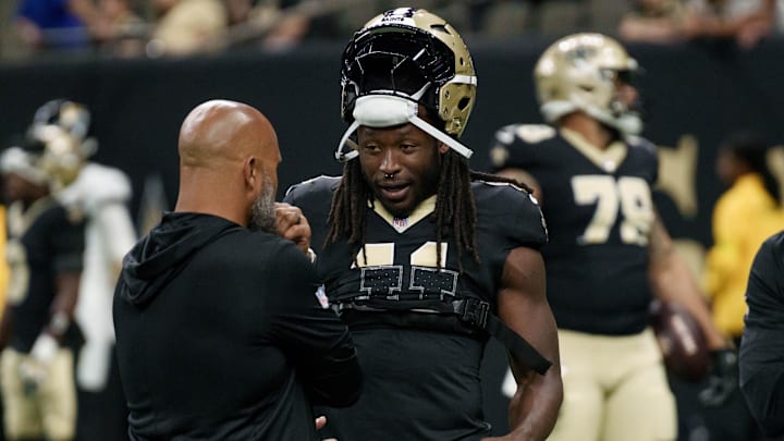 Aug 17, 2025; New Orleans, Louisiana, USA; New Orleans Saints running back Alvin Kamara (41) warms up before a game against the Jacksonville Jaguars at Caesars Superdome. Mandatory Credit: Matthew Hinton-Imagn Images