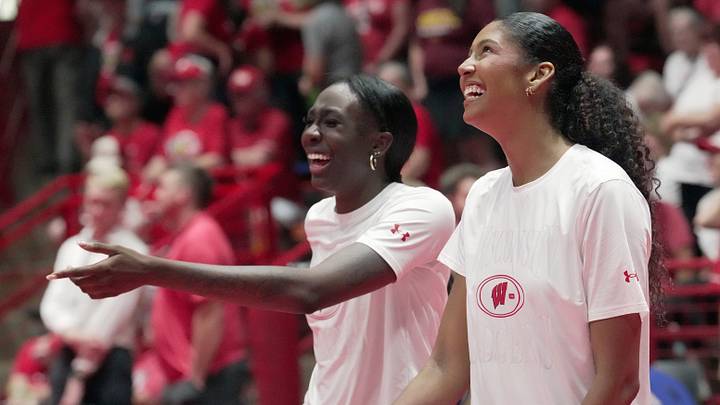 Wisconsin outside hitter Decelise Champion, right, is shown before their match against Florida Wednesday, Sept. 2, 2026 at the UW Field House in Madison, Wisconsin.