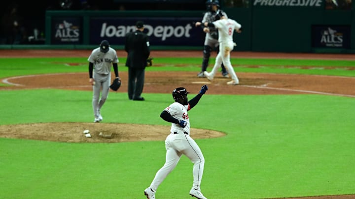 Cleveland Guardians outfielder Jhonkensy Noel (43) reacts after a two-run home run against New York Yankees pitcher Luke Weaver (30) during the ninth inning in game 3 of the American League Championship Series at Progressive Field on Oct 17.