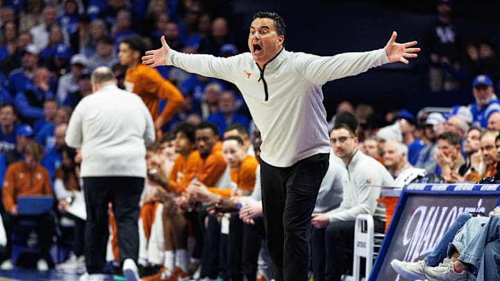 Jan 21, 2026; Lexington, Kentucky, USA; Texas Longhorns head coach Sean Miller yells across the court during the first half against the Kentucky Wildcats at Rupp Arena at Central Bank Center. Mandatory Credit: Jordan Prather-Imagn Images