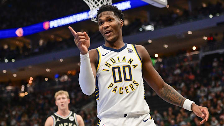 Nov 22, 2024; Milwaukee, Wisconsin, USA; Indiana Pacers forward Bennedict Mathurin (00) reacts in the second quarter against the Milwaukee Bucks at Fiserv Forum. Mandatory Credit: Benny Sieu-Imagn Images