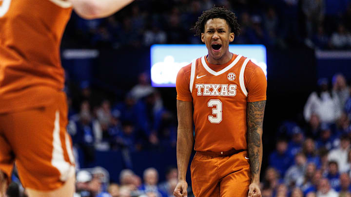 Jan 21, 2026; Lexington, Kentucky, USA; Texas Longhorns forward Dailyn Swain (3) celebrates after center Matas Vokietaitis (8) scores a basket during the first half against the Kentucky Wildcats at Rupp Arena at Central Bank Center. Mandatory Credit: Jordan Prather-Imagn Images