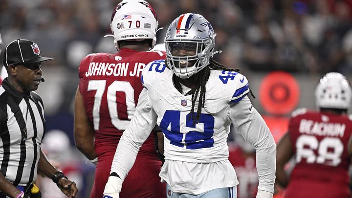 Nov 3, 2025; Arlington, Texas, USA; Dallas Cowboys defensive end Jadeveon Clowney (42) reacts after a sack against Arizona Cardinals quarterback Jacoby Brissett (7) in the first half at AT&T Stadium. Mandatory Credit: Jerome Miron-Imagn Images Nov 3, 2025; Arlington, Texas, USA; Dallas Cowboys defensive end Jadeveon Clowney (42) reacts after a sack against Arizona Cardinals quarterback Jacoby Brissett (7) in the first half at AT&T Stadium. Mandatory Credit: Jerome Miron-Imagn Images