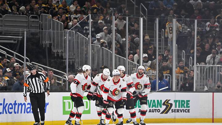 Oct 5, 2026; Boston, Massachusetts, USA; Ottawa Senators center Tim Stutzle (18) celebrates a goal against the Boston Bruins during the first period at TD Garden. Mandatory Credit: Eric Canha-Imagn Images
