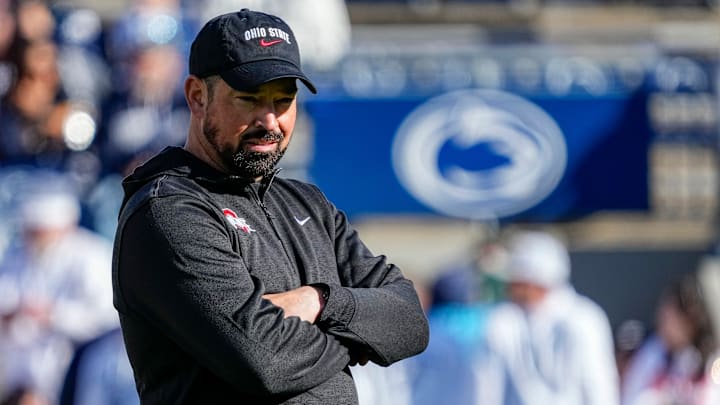 Ohio State Buckeyes head coach Ryan Day watches warm ups prior to the NCAA football game against the Penn State Nittany Lions at Beaver Stadium in University Park, Pa. on Saturday, Nov. 2, 2024.