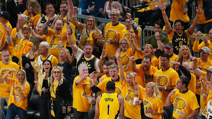 Indiana Pacers fans celebrate with Obi Toppin during Game 4 of the 2025 NBA Finals against the Oklahoma City Thunder.