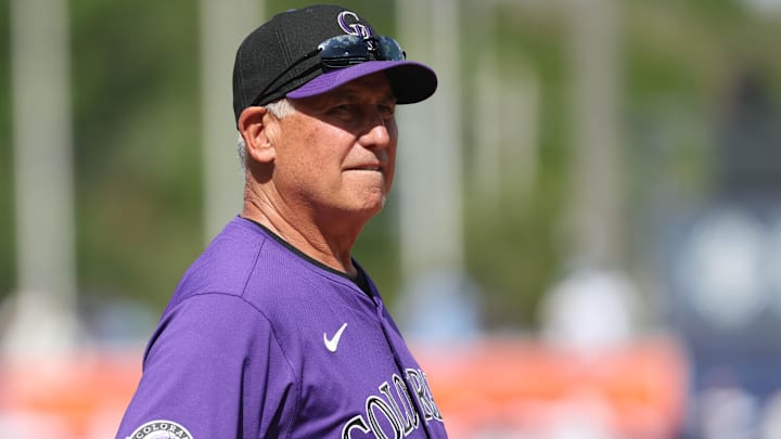 Mar 28, 2025; Tampa, Florida, USA;  Colorado Rockies manager Bud Black (10) looks on against the Tampa Bay Rays at George M. Steinbrenner Field. Mandatory Credit: Kim Klement Neitzel-Imagn Images