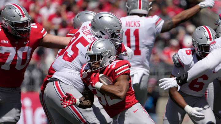 April 13, 2024; Columbus, Ohio, USA; 
Ohio State Buckeyes running back TreVeyon Henderson (32)