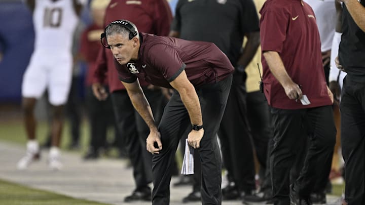 Sep 28, 2024; Dallas, Texas, USA; Florida State Seminoles head coach Mike Norvell during the game between the Southern Methodist Mustangs and the Florida State Seminoles at Gerald J. Ford Stadium. Mandatory Credit: Jerome Miron-Imagn Images