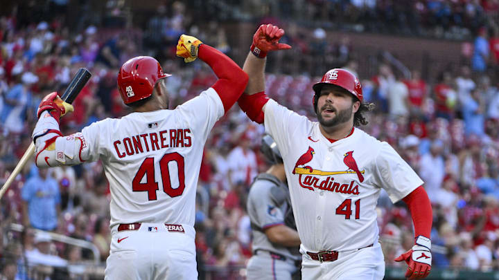 Jul 28, 2025; St. Louis, Missouri, USA; St. Louis Cardinals designated hitter Alec Burleson (41) celebrates with first baseman Willson Contreras (40) after hitting a solo home run against the Miami Marlins during the third inning at Busch Stadium. Mandatory Credit: Jeff Curry-Imagn Images Jul 28, 2025; St. Louis, Missouri, USA; St. Louis Cardinals designated hitter Alec Burleson (41) celebrates with first baseman Willson Contreras (40) after hitting a solo home run against the Miami Marlins during the third inning at Busch Stadium. Mandatory Credit: Jeff Curry-Imagn Images