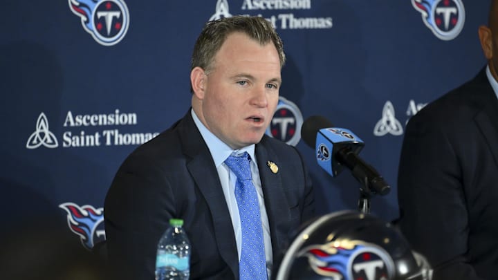 Jan 29, 2026; Nashville, TN, USA;  Tennessee Titans general manager Mike Borgonzi answers questions during the introductory press conference at Ascension Saint Thomas Sports Park. Mandatory Credit: Steve Roberts-Imagn Images