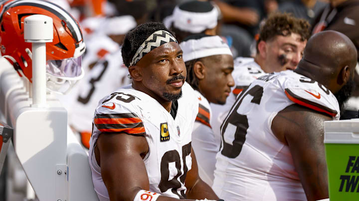 Sep 14, 2025; Baltimore, Maryland, USA; Cleveland Browns defensive end Myles Garrett (95) after the game against the Baltimore Ravens at M&T Bank Stadium. Mandatory Credit: Peter Casey-Imagn Images