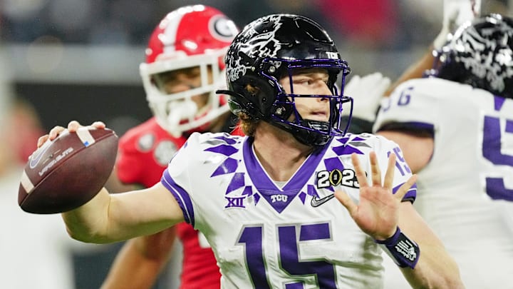 Jan 9, 2023; Inglewood, CA, USA; TCU Horned Frogs quarterback Max Duggan (15) passes the ball against the Georgia Bulldogs during the third quarter of the CFP national championship game at SoFi Stadium. Mandatory Credit: Kirby Lee-Imagn Images