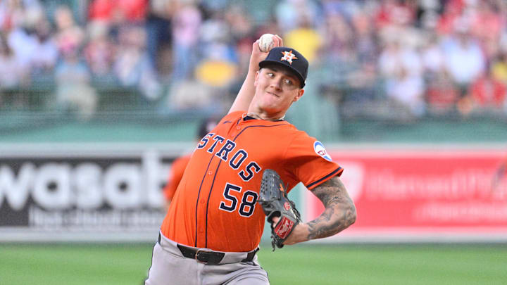 Aug 1, 2025; Boston, Massachusetts, USA; Houston Astros starting pitcher Hunter Brown (58) pitches against the Boston Red Sox during the first inning at Fenway Park. 