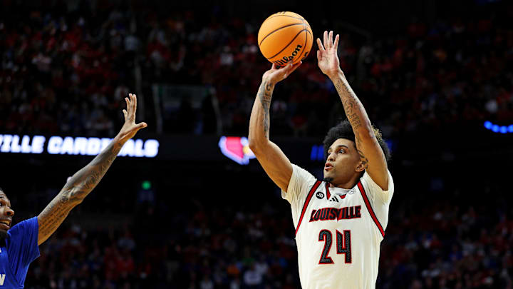 Mar 20, 2025; Lexington, KY, USA; Louisville Cardinals guard Chucky Hepburn (24) shoots the ball during the second half against the Creighton Bluejays in the first round of the NCAA Tournament at Rupp Arena. Mandatory Credit: Jordan Prather-Imagn Images