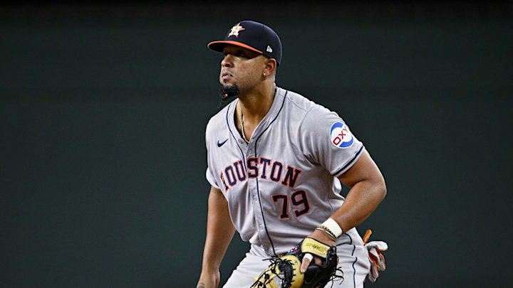 Houston Astros first base Jose Abreu (79) in action during the game between the Texas Rangers and the Houston Astros at Globe Life Field on April 5.