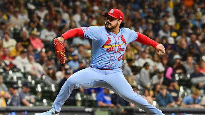 Sep 13, 2025; Milwaukee, Wisconsin, USA;  St. Louis Cardinals pitcher JoJo Romero (59) throws against the Milwaukee Brewers in the eighth inning at American Family Field. Mandatory Credit: Benny Sieu-Imagn Images