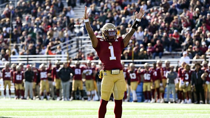 Nov 24, 2023; Chestnut Hill, Massachusetts, USA; Boston College Eagles quarterback Thomas