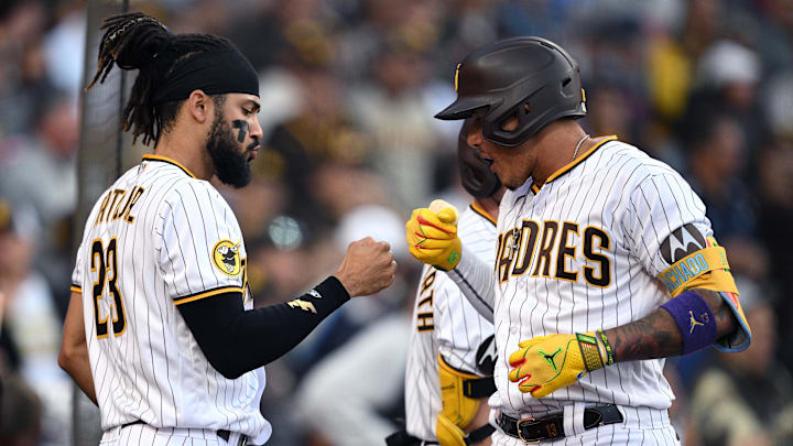 Jul 5, 2023; San Diego, California, USA; San Diego Padres third baseman Manny Machado (right)