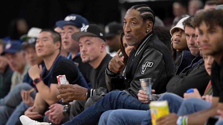 Mar 21, 2025; Inglewood, California, USA;  Former NBA player Scottie Pippen watches his son Memphis Grizzlies guard Scotty Pippen Jr. (1) play against the Los Angeles Clippers at Intuit Dome. Mandatory Credit: Jayne Kamin-Oncea-Imagn Images