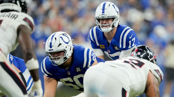 Indianapolis Colts quarterback Daniel Jones (17) looks over the line before snapping the play Sunday, Nov. 30, 2025, during a game against the Houston Texans at Lucas Oil Stadium in Indianapolis. Indianapolis Colts quarterback Daniel Jones (17) looks over the line before snapping the play Sunday, Nov. 30, 2025, during a game against the Houston Texans at Lucas Oil Stadium in Indianapolis.
