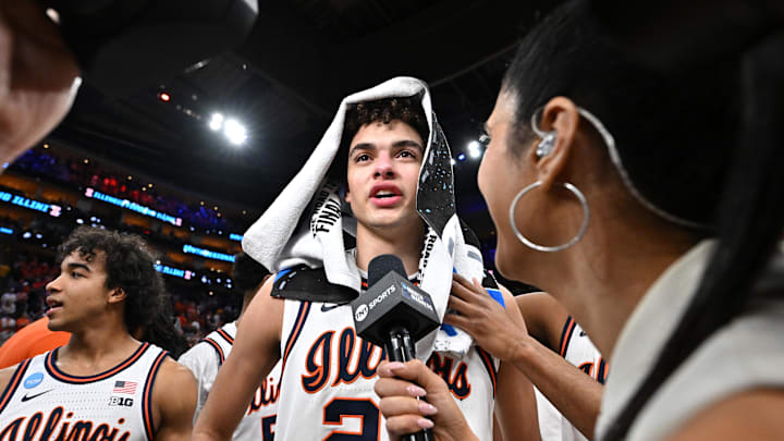 Mar 28, 2026; Houston, TX, USA; Illinois Fighting Illini guard Keaton Wagler (23) speaks to media after defeating the Iowa Hawkeyes in an Elite Eight game of the South Regional of the men's 2026 NCAA Tournament at Toyota Center. Mandatory Credit: Maria Lysaker-Imagn Images Mar 28, 2026; Houston, TX, USA; Illinois Fighting Illini guard Keaton Wagler (23) speaks to media after defeating the Iowa Hawkeyes in an Elite Eight game of the South Regional of the men's 2026 NCAA Tournament at Toyota Center. Mandatory Credit: Maria Lysaker-Imagn Images